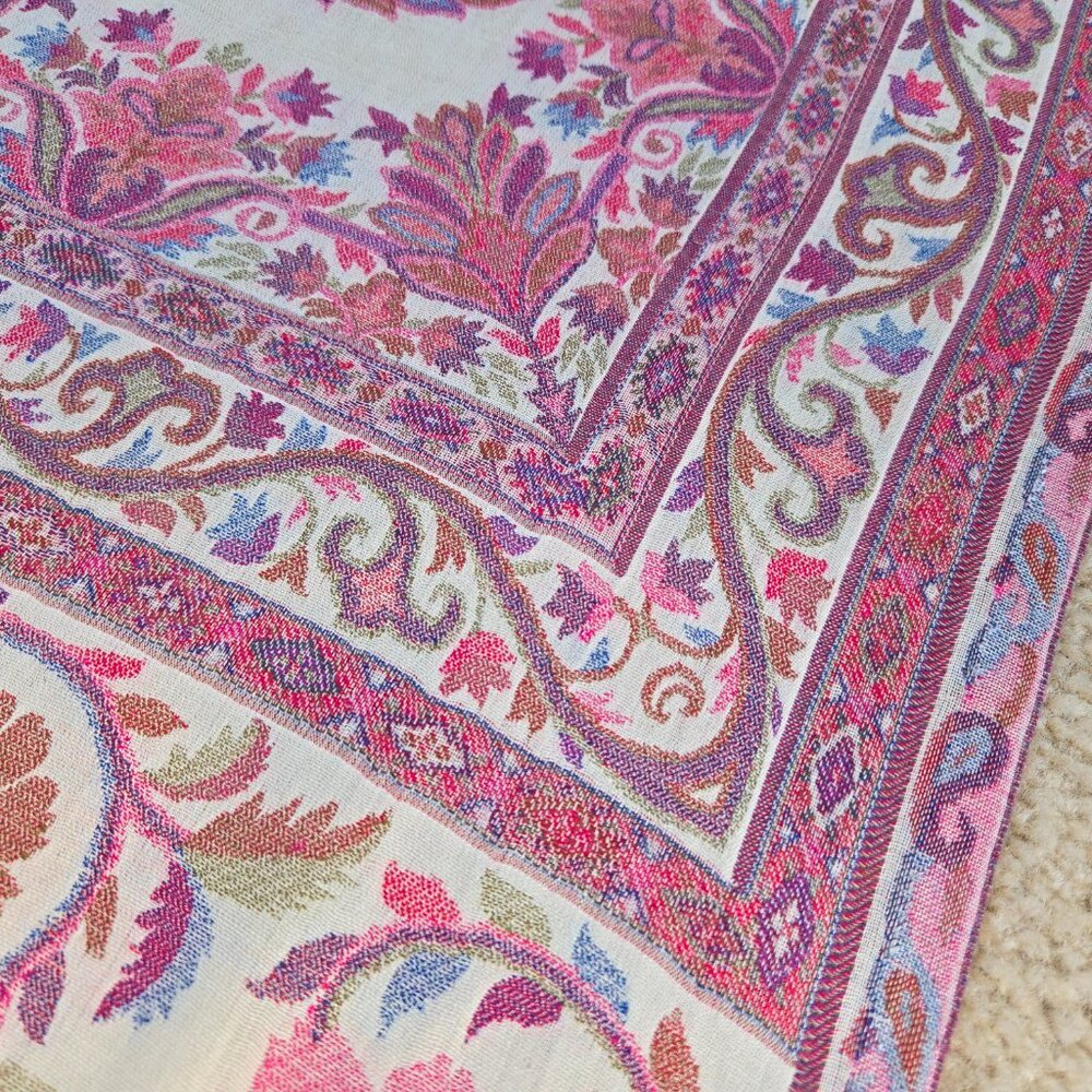 NWOT Cashmere Kashmiri Scarf Shawl Jacquard Embroidered Pink Purple - Picture 10 of 16